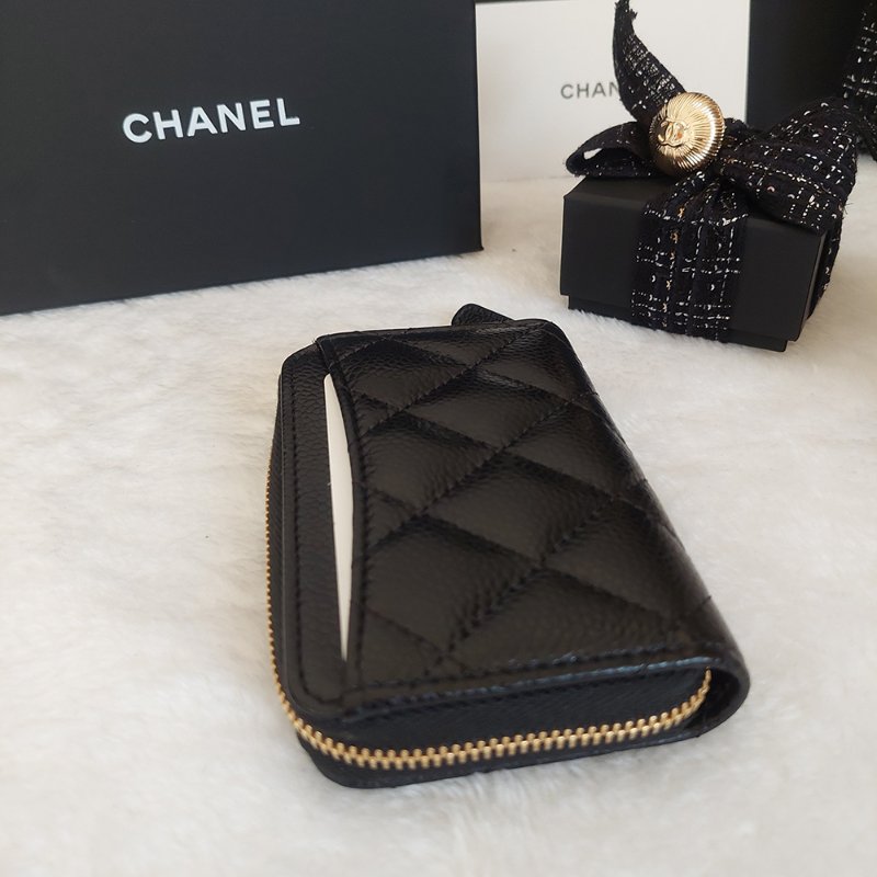 Chanel 經典菱格荔枝顆粒紋 小牛皮 雙C Logo 拉鍊卡夾/零錢包(黑x金釦)-23