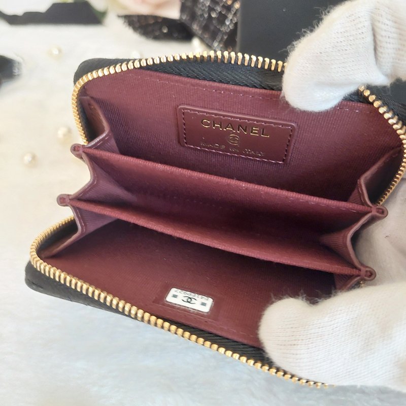 Chanel 經典菱格荔枝顆粒紋 小牛皮 雙C Logo 拉鍊卡夾/零錢包(黑x金釦)-27