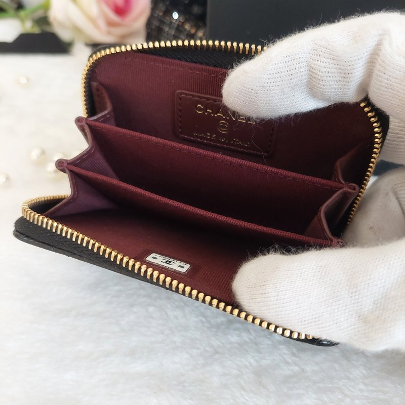 Chanel 經典菱格荔枝顆粒紋 小牛皮 雙C Logo 拉鍊卡夾/零錢包(黑x金釦)-31