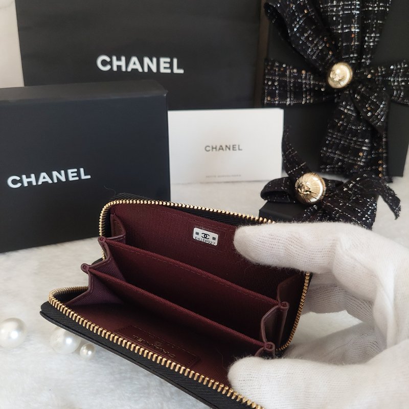 Chanel 經典菱格荔枝顆粒紋 小牛皮 雙C Logo 拉鍊卡夾/零錢包(黑x金釦)-32