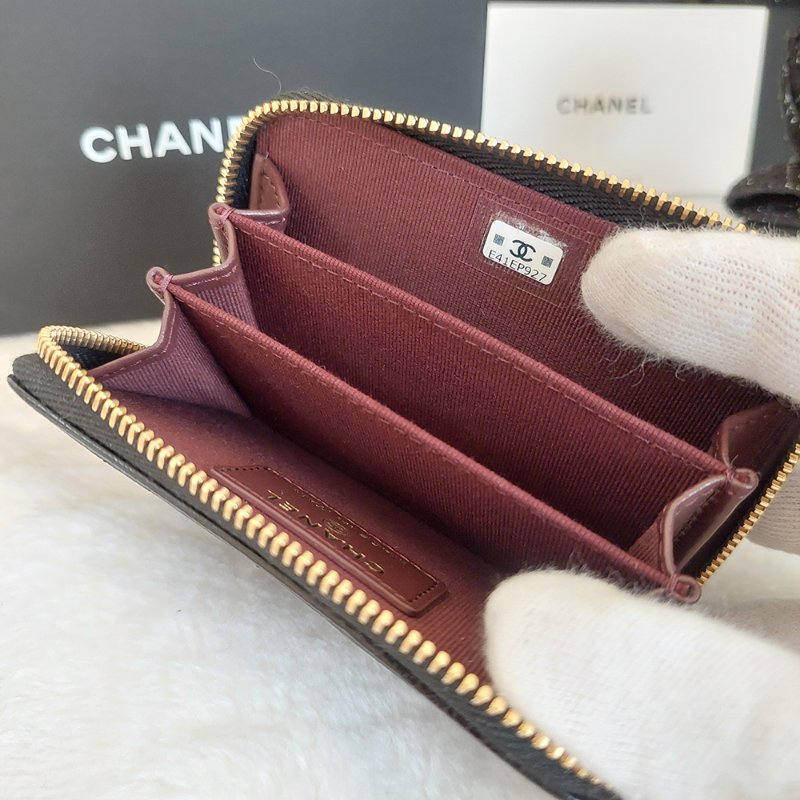 Chanel 經典菱格荔枝顆粒紋 小牛皮 雙C Logo 拉鍊卡夾/零錢包(黑x金釦)-33