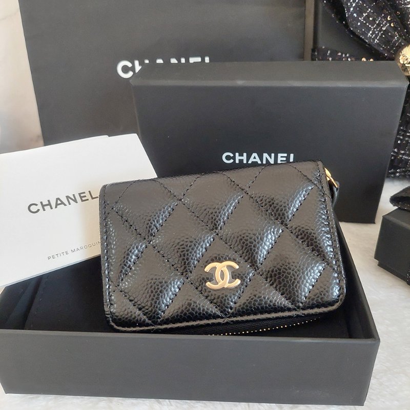 Chanel 經典菱格荔枝顆粒紋 小牛皮 雙C Logo 拉鍊卡夾/零錢包(黑x金釦)-37