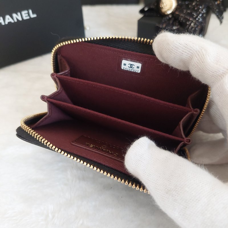 Chanel 經典菱格荔枝顆粒紋 小牛皮 雙C Logo 拉鍊卡夾/零錢包(黑x金釦)-38