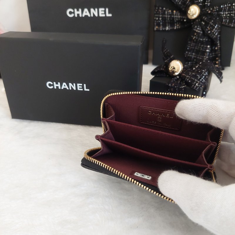 Chanel 經典菱格荔枝顆粒紋 小牛皮 雙C Logo 拉鍊卡夾/零錢包(黑x金釦)-39