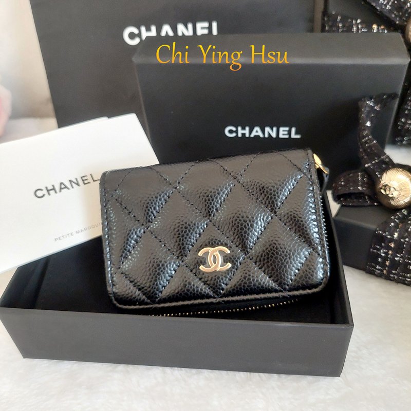 Chanel 經典菱格荔枝顆粒紋 小牛皮 雙C Logo 拉鍊卡夾/零錢包(黑x金釦)-44