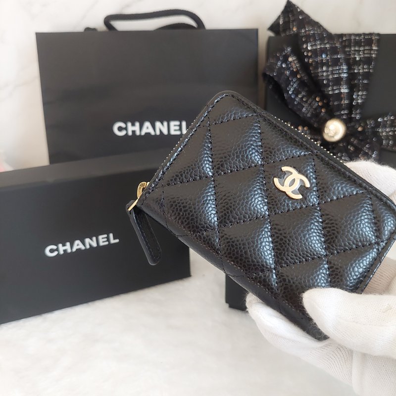 Chanel 經典菱格荔枝顆粒紋 小牛皮 雙C Logo 拉鍊卡夾/零錢包(黑x金釦)-45