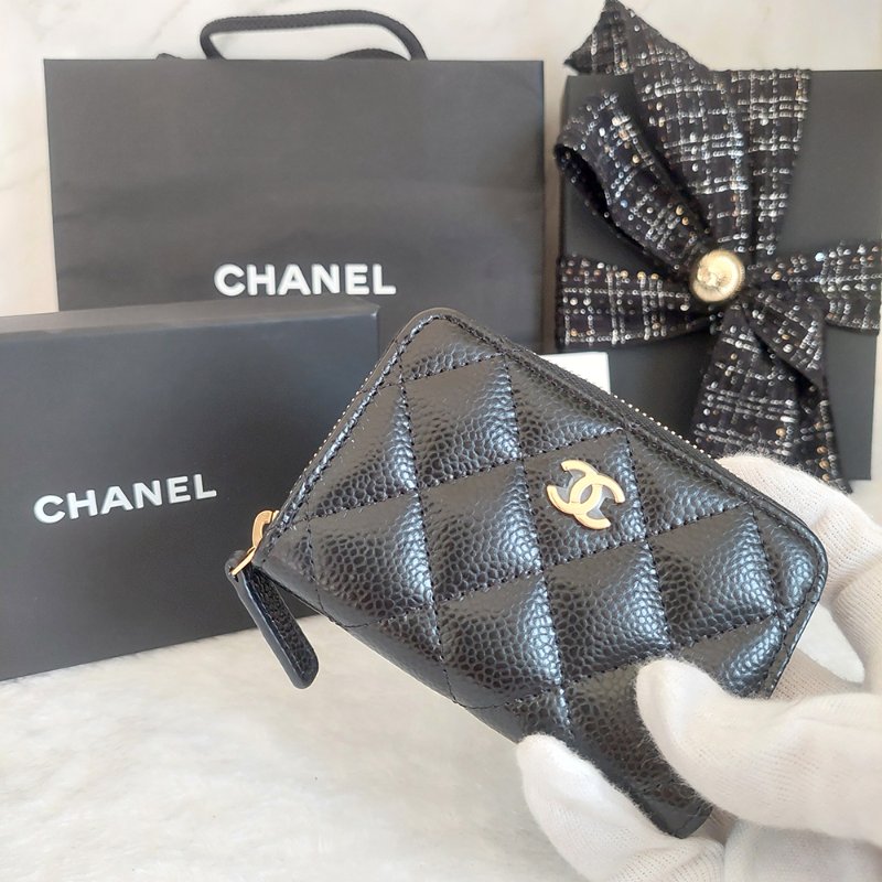 Chanel 經典菱格荔枝顆粒紋 小牛皮 雙C Logo 拉鍊卡夾/零錢包(黑x金釦)-47