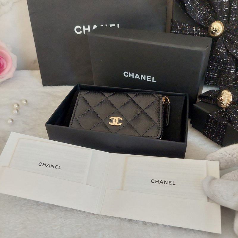 Chanel 經典菱格荔枝顆粒紋 小牛皮 雙C Logo 拉鍊卡夾/零錢包(黑x金釦)-48