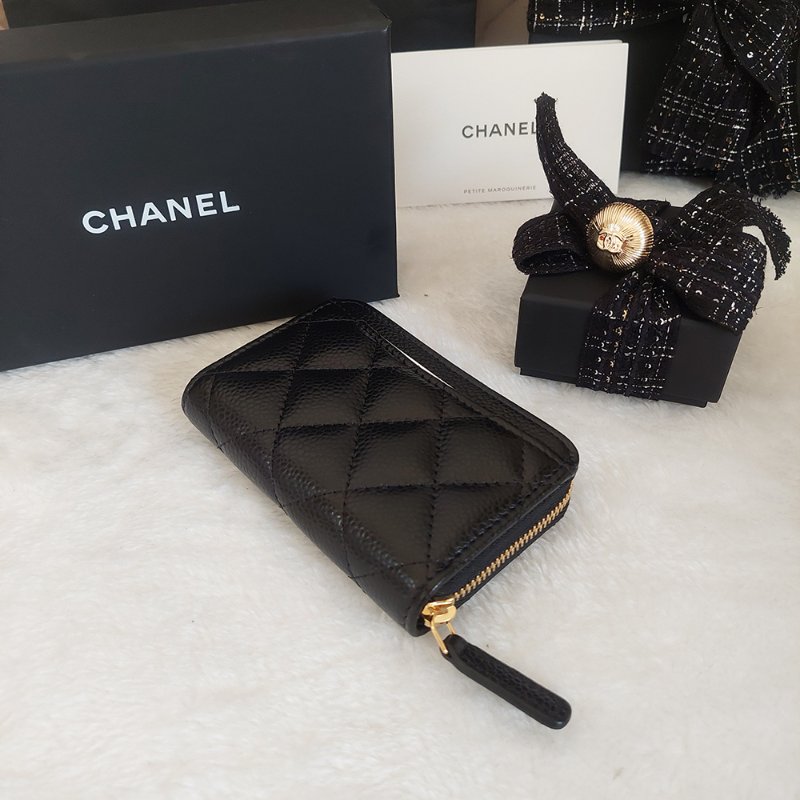 Chanel 經典菱格荔枝顆粒紋 小牛皮 雙C Logo 拉鍊卡夾/零錢包(黑x金釦)-49