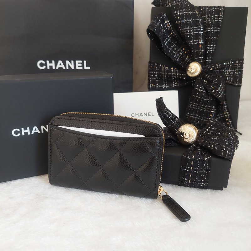 Chanel 經典菱格荔枝顆粒紋 小牛皮 雙C Logo 拉鍊卡夾/零錢包(黑x金釦)-50