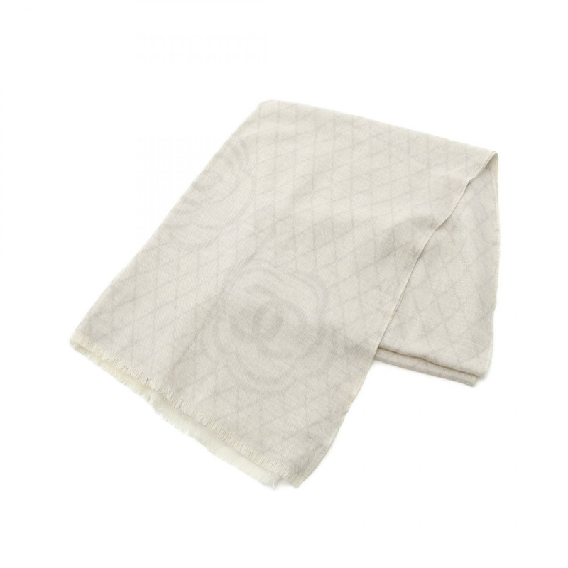 香奈兒 COCO 標誌山茶花圍巾披肩真絲羊絨灰色二手女-0