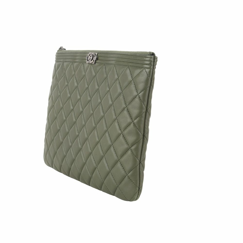 【包稅】CHANEL 男童羊皮手拿包 中 銀色五金 卡其色 36175-2-1