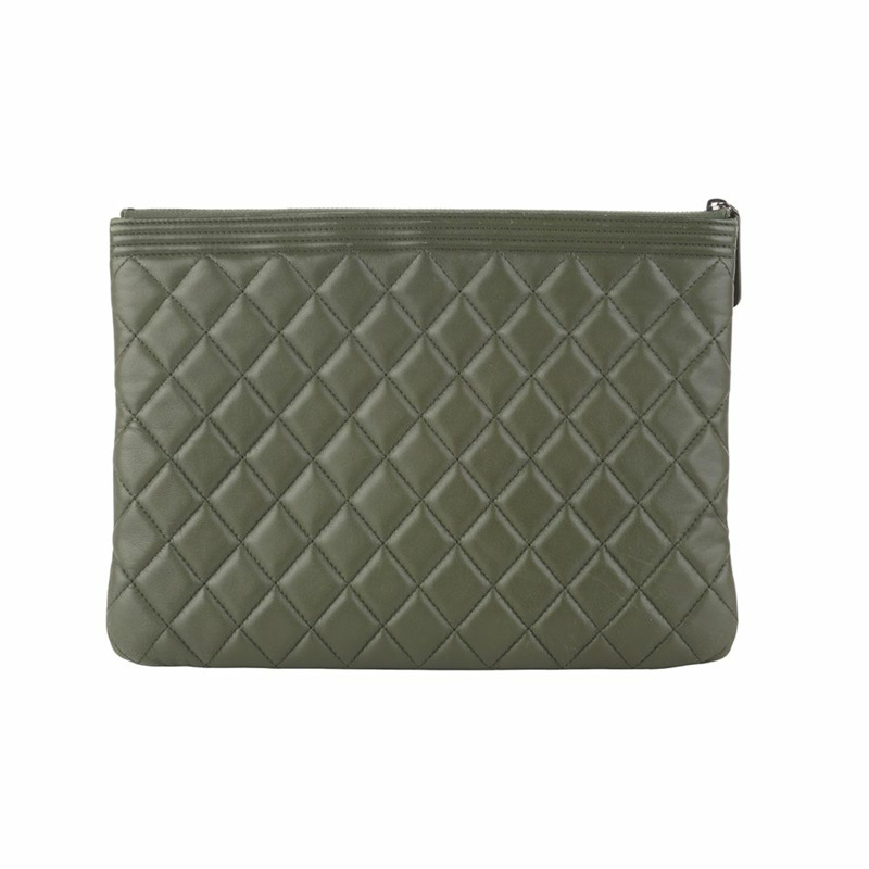 【包稅】CHANEL 男童羊皮手拿包 中 銀色五金 卡其色 36175-2-2