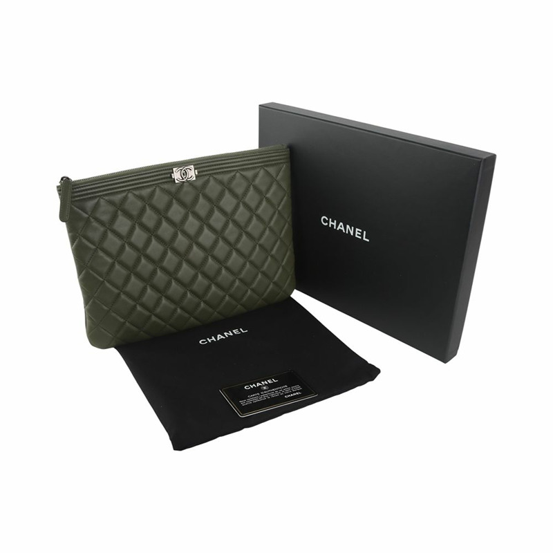 【包稅】CHANEL 男童羊皮手拿包 中 銀色五金 卡其色 36175-2-7