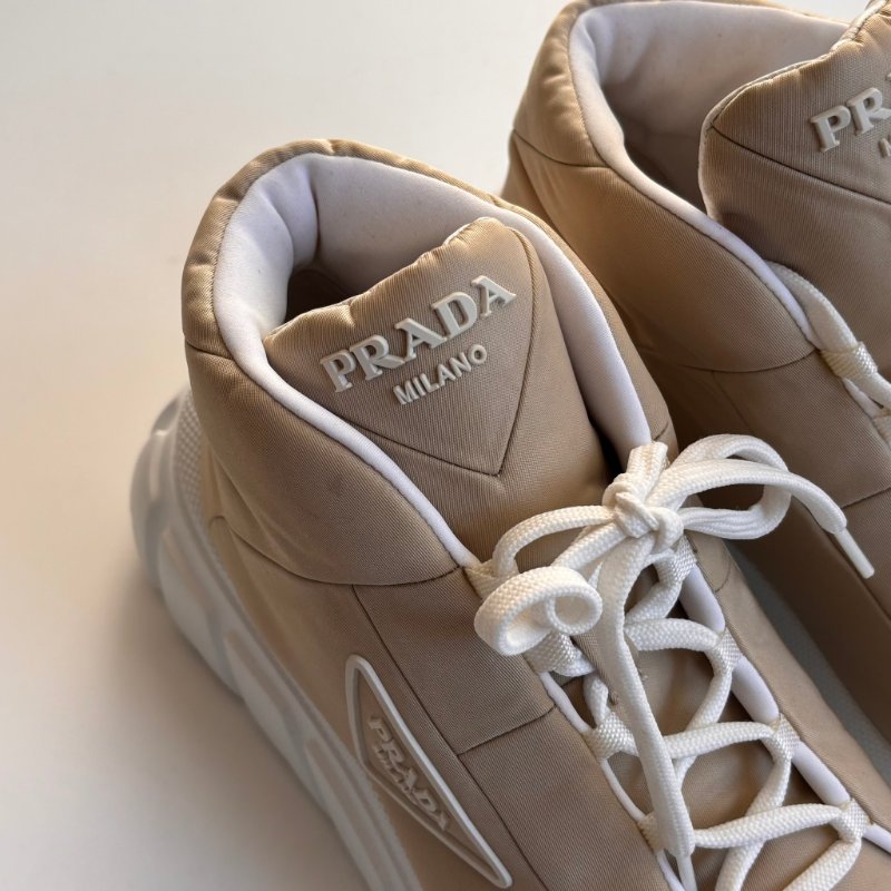 ::PRADA:: Calzature Donna Sneakers 沙色尼龍潮流白底高筒休閒鞋 運動鞋 (38.5號)-6