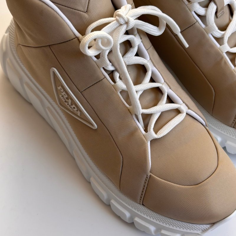 ::PRADA:: Calzature Donna Sneakers 沙色尼龍潮流白底高筒休閒鞋 運動鞋 (38.5號)-7