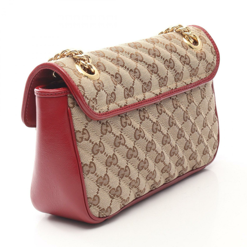 GUCCI GG Marmont 絎縫單肩包 443497 帆布皮革 米色 紅色 二手 女士-1
