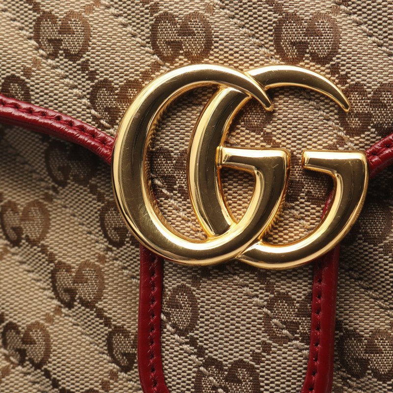 GUCCI GG Marmont 絎縫單肩包 443497 帆布皮革 米色 紅色 二手 女士-5