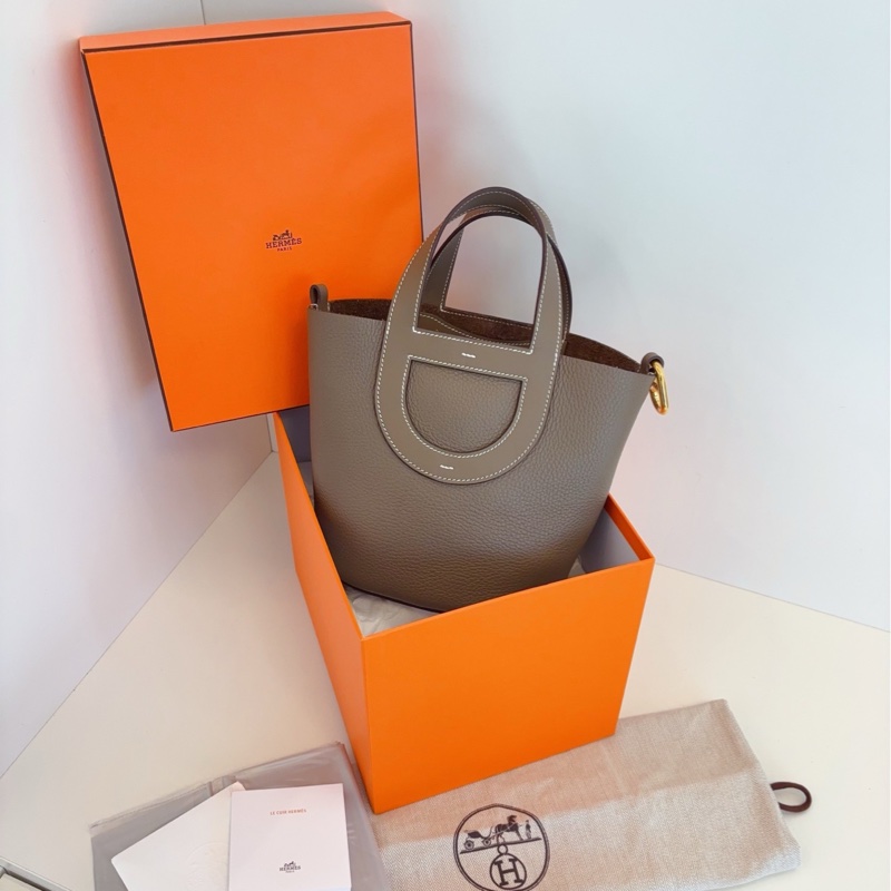 【99新閒置全套🆕】Hermes in the loop 18 大象灰🐘金扣豬鼻子菜籃子 W刻 手提包-0