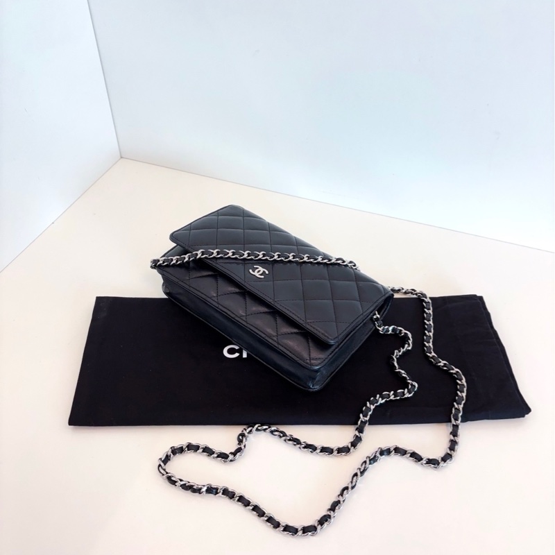 【98新🆕】Chanel 黑銀羊皮菱格Woc鏈條包 發財包 小個子福音 輕便百搭設計合理 斜挎包-4