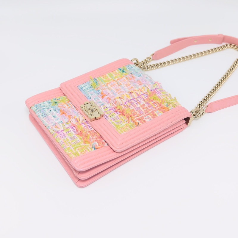 CHANEL 19SS竪版 Leboy粉色毛呢肩背斜背包19.5*22.5*5 98新配件保卡塵袋-5