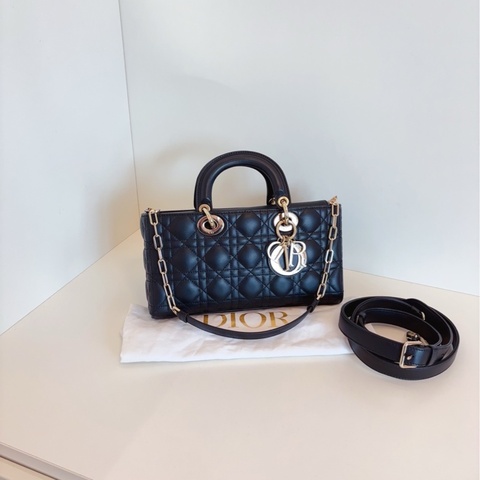 【99新部分膜🆕】Dior Lady D-Joy 系列 黑色淡金扣 藤格紋 橫版戴妃包 手提單肩斜挎包