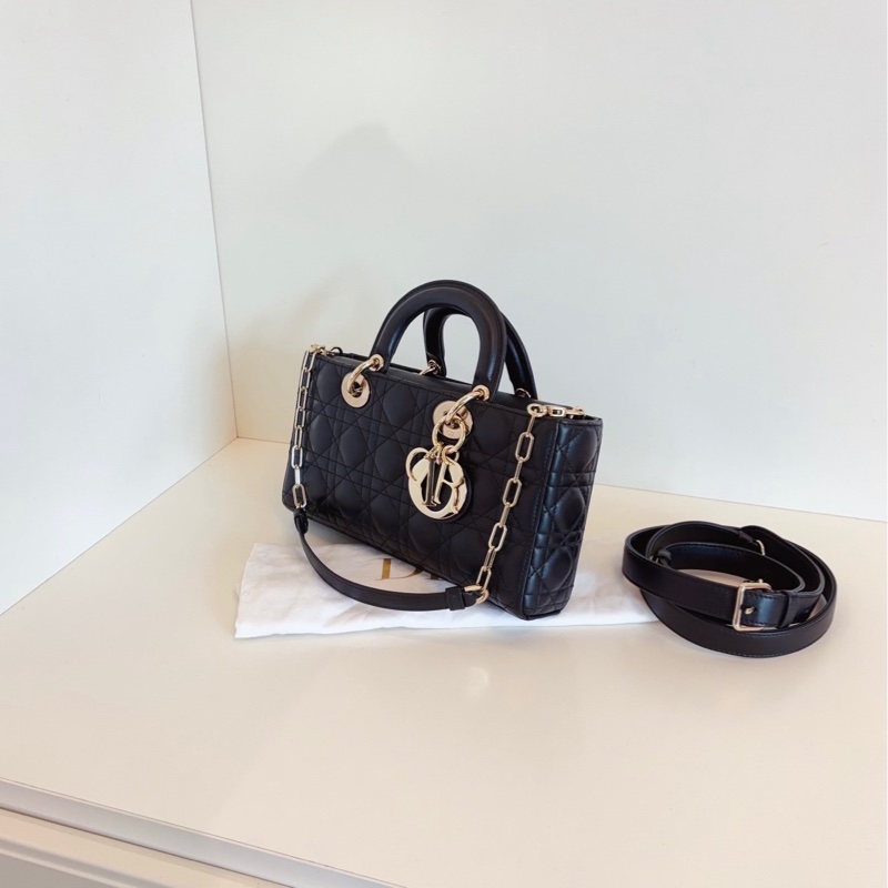 【99新部分膜🆕】Dior Lady D-Joy 系列 黑色淡金扣 藤格紋 橫版戴妃包 手提單肩斜挎包-3