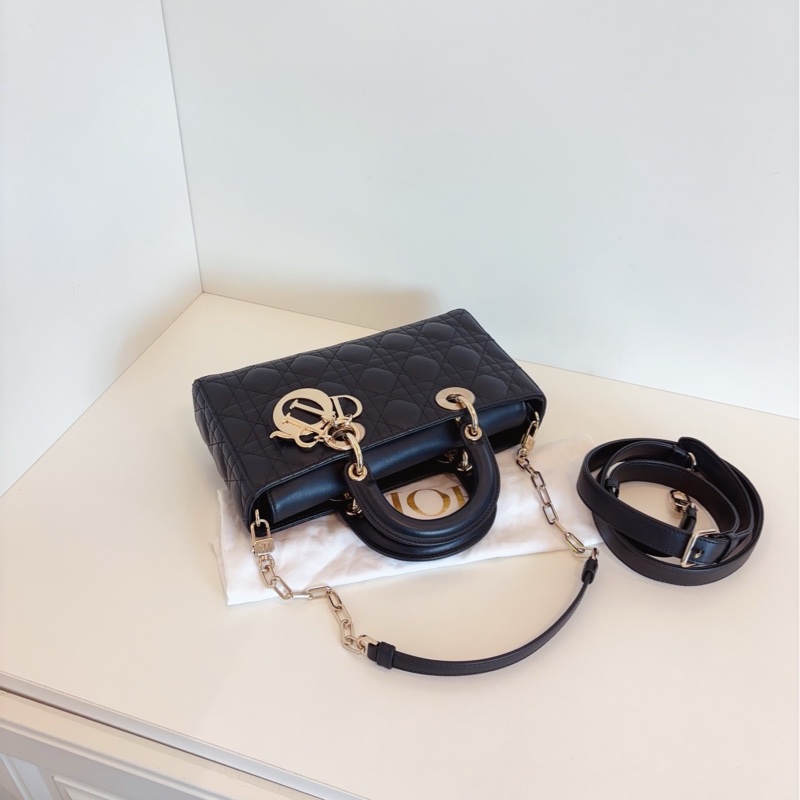 【99新部分膜🆕】Dior Lady D-Joy 系列 黑色淡金扣 藤格紋 橫版戴妃包 手提單肩斜挎包-4