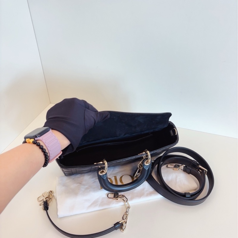 【99新部分膜🆕】Dior Lady D-Joy 系列 黑色淡金扣 藤格紋 橫版戴妃包 手提單肩斜挎包-7
