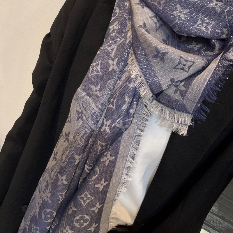 LV 藍絲質羊毛Demin造型方形披肩M76691-9