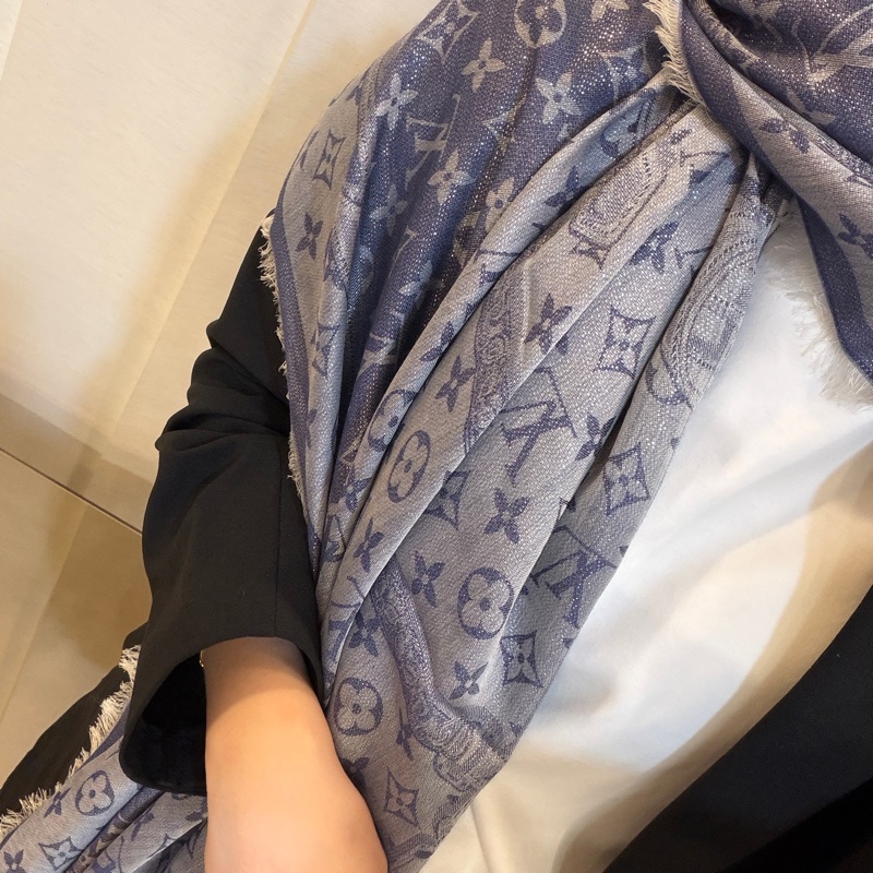 LV 藍絲質羊毛Demin造型方形披肩M76691-10