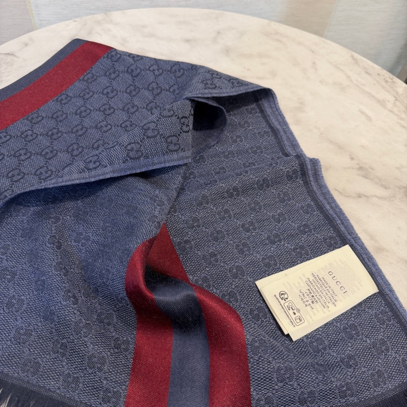 Gucci 藍Logo紅邊絲質圍巾-5