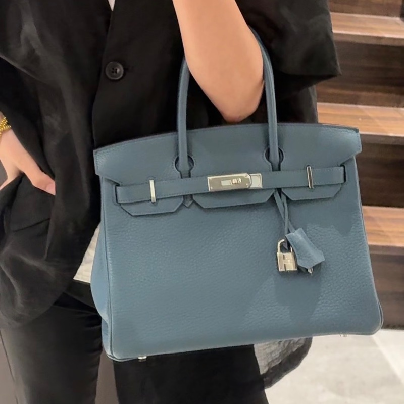 HERMES亞麻藍銀扣birkin30手提包30*24*17 99新配件塵袋鎖鑰匙-0