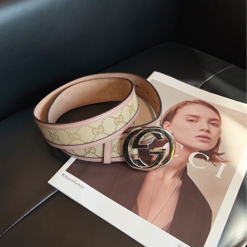 【98新🆕】Gucci 經典老花拼淡粉 雙G銀扣 腰帶皮帶-0