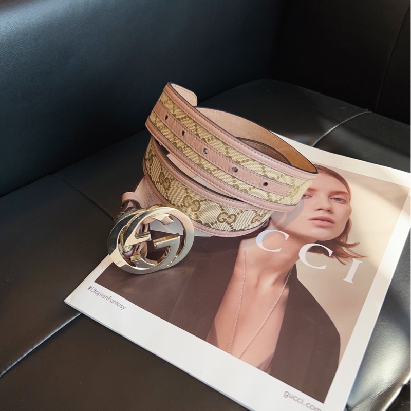 【98新🆕】Gucci 經典老花拼淡粉 雙G銀扣 腰帶皮帶-1