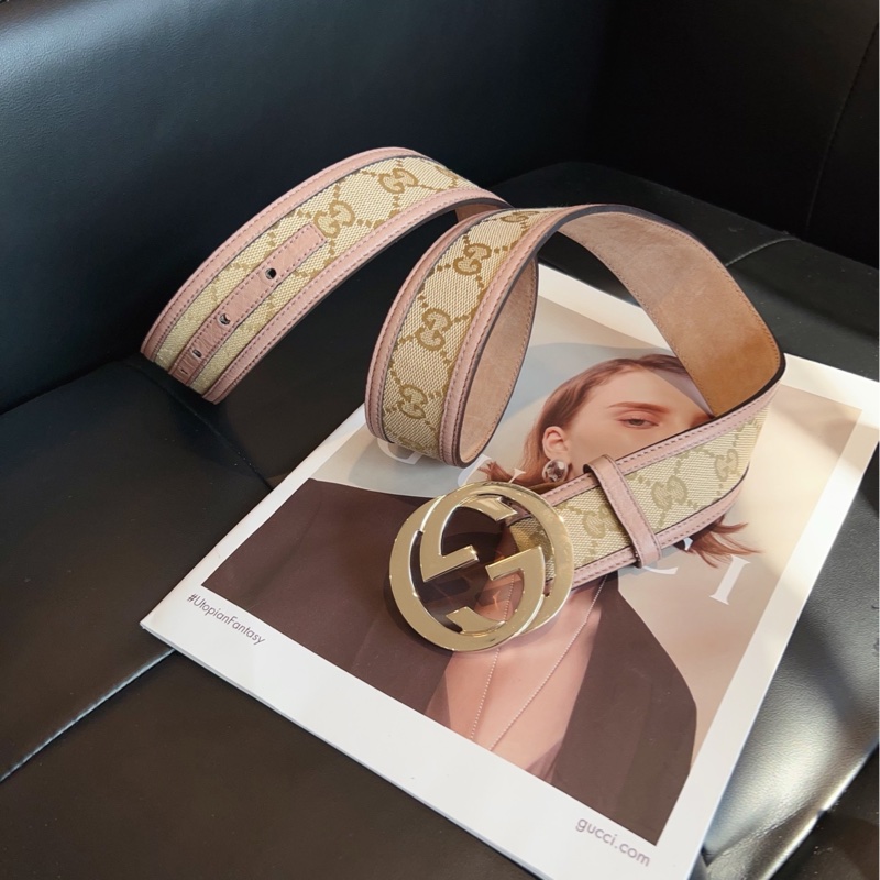 【98新🆕】Gucci 經典老花拼淡粉 雙G銀扣 腰帶皮帶-2