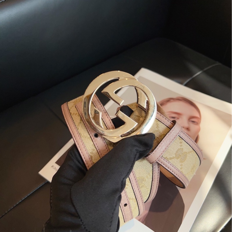 【98新🆕】Gucci 經典老花拼淡粉 雙G銀扣 腰帶皮帶-4