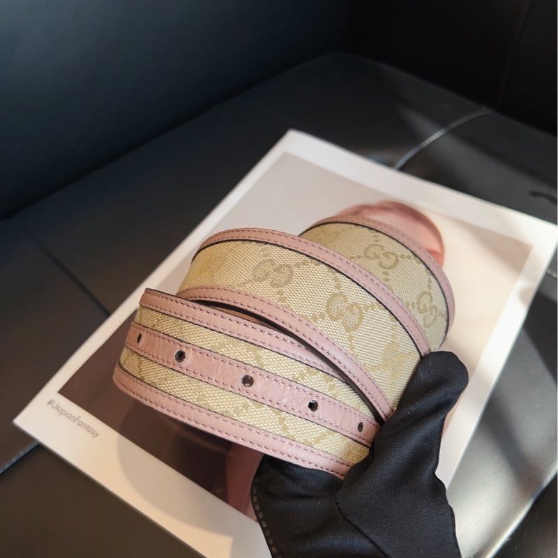 【98新🆕】Gucci 經典老花拼淡粉 雙G銀扣 腰帶皮帶-5