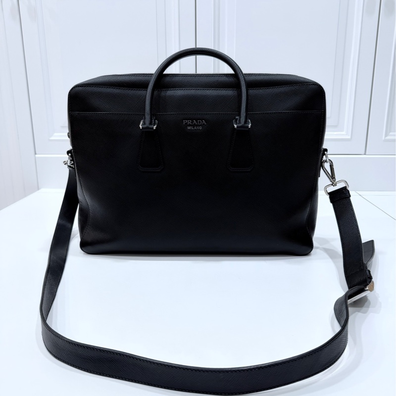 PRADA 黑色 十字紋 公事包 手提包 肩背包 側背包 斜背包 電腦包 公文包 文件包-0