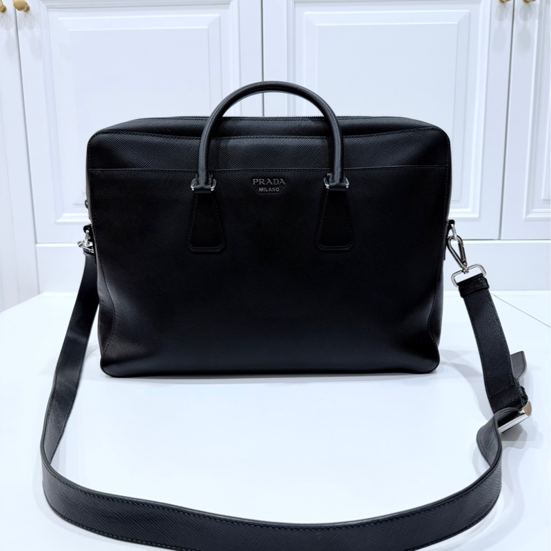 PRADA 黑色 十字紋 公事包 手提包 肩背包 側背包 斜背包 電腦包 公文包 文件包-1