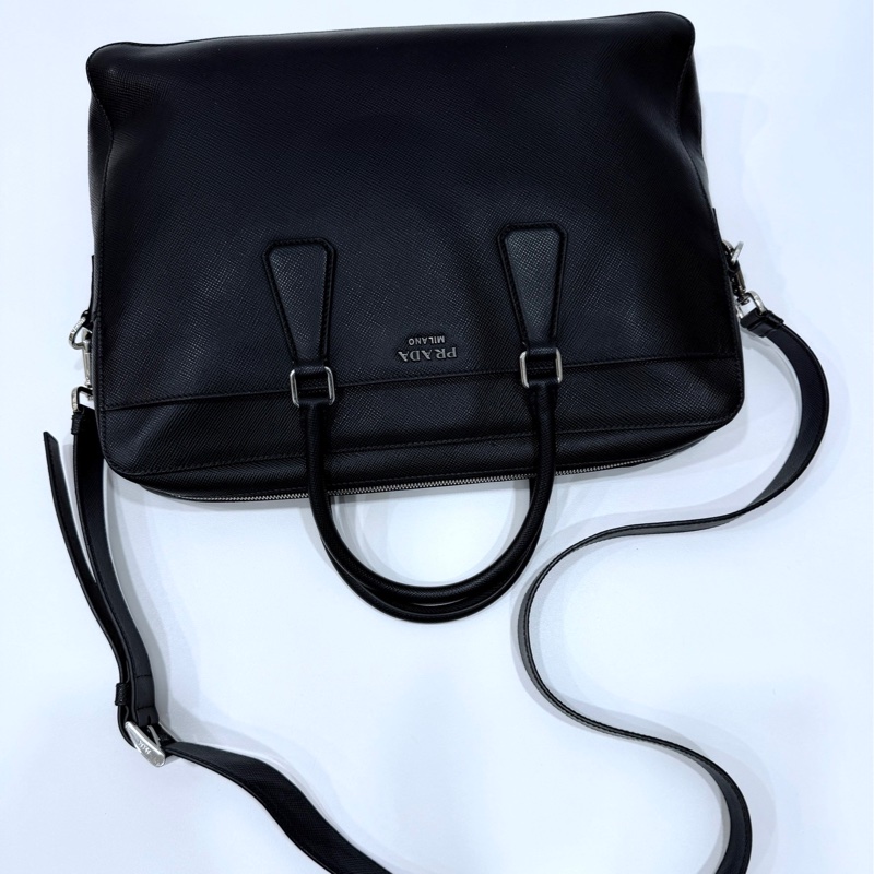 PRADA 黑色 十字紋 公事包 手提包 肩背包 側背包 斜背包 電腦包 公文包 文件包-5