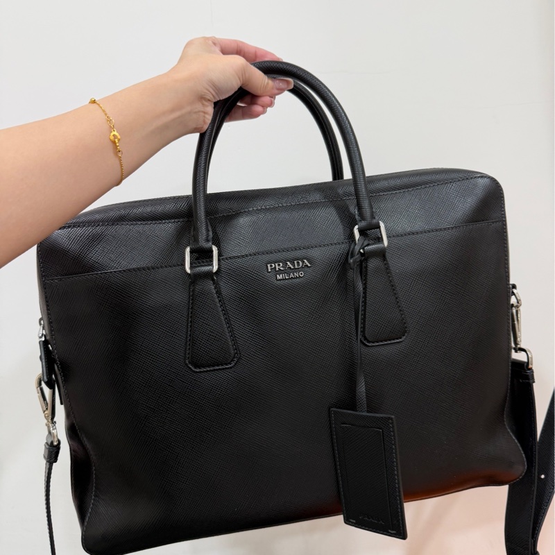 PRADA 黑色 十字紋 公事包 手提包 肩背包 側背包 斜背包 電腦包 公文包 文件包-6