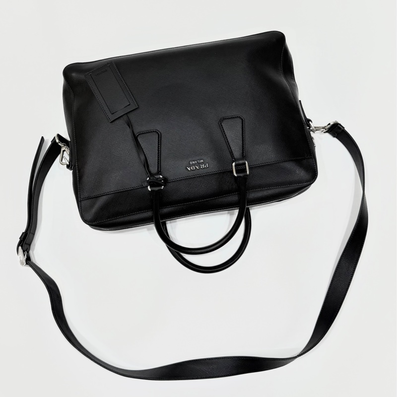 PRADA 黑色 十字紋 公事包 手提包 肩背包 側背包 斜背包 電腦包 公文包 文件包-7