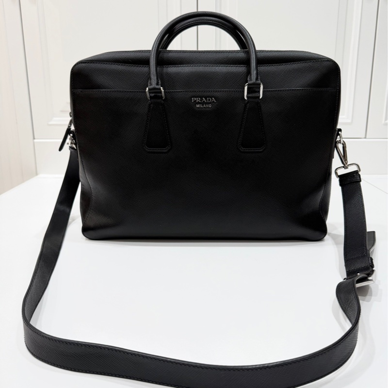 PRADA 黑色 十字紋 公事包 手提包 肩背包 側背包 斜背包 電腦包 公文包 文件包-10