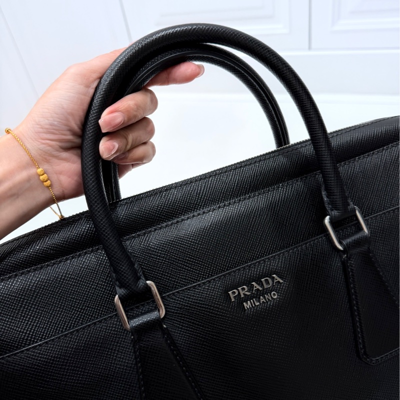 PRADA 黑色 十字紋 公事包 手提包 肩背包 側背包 斜背包 電腦包 公文包 文件包-15