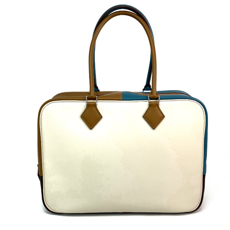 △ Hermes 愛馬仕 Beige, Brown, Blue Swift Calfskin Palladium Plated Metal Plume 32 Hand Bag Stamp [R] 米色, 啡色, 藍色鍍鈀金屬滑面小牛皮手袋[R]刻 - 257026313-2