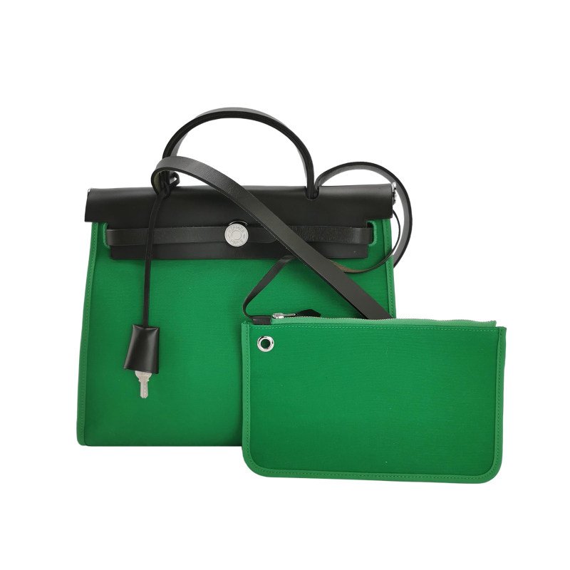 Hermes Herbag31馬鞍釘鎖扣斜挎包單肩包Hunter牛皮帆布銀扣89黑色1K竹子綠D刻-0