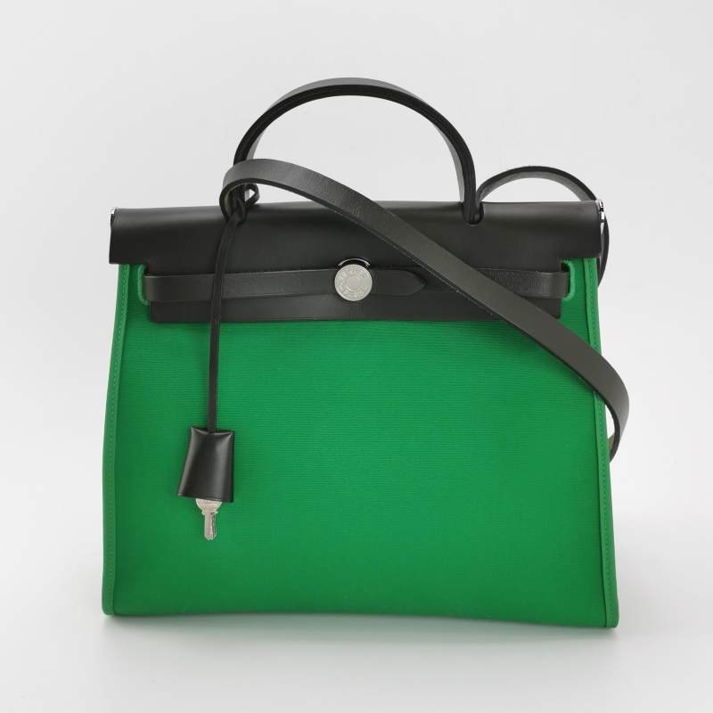 Hermes Herbag31馬鞍釘鎖扣斜挎包單肩包Hunter牛皮帆布銀扣89黑色1K竹子綠D刻-2