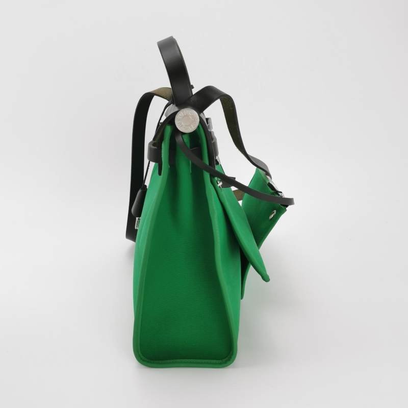 Hermes Herbag31馬鞍釘鎖扣斜挎包單肩包Hunter牛皮帆布銀扣89黑色1K竹子綠D刻-3