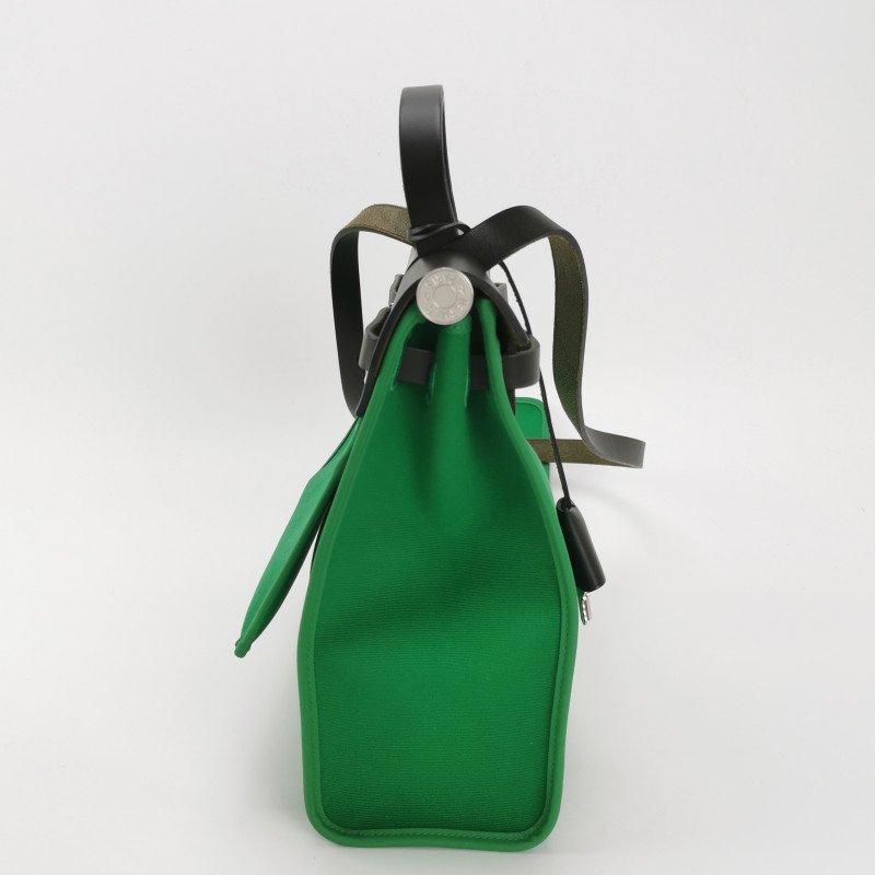 Hermes Herbag31馬鞍釘鎖扣斜挎包單肩包Hunter牛皮帆布銀扣89黑色1K竹子綠D刻-4